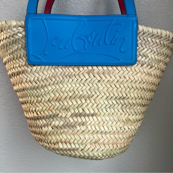 CHRISTIAN LOUBOUTIN Loubishore Woven Embossed Leather Blue Straw Tote Bag - Picture 3 of 7
